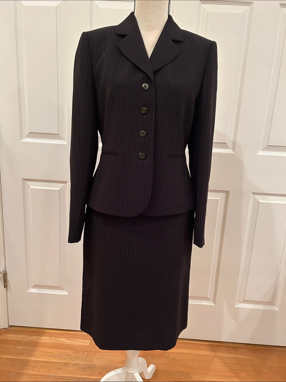 Women's Black Pinstripe Tailored Blazer and Skirt Set